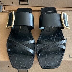 Dolce Vita Lowyn Black Leather Sandals with Gold Buckle-New-Size 8